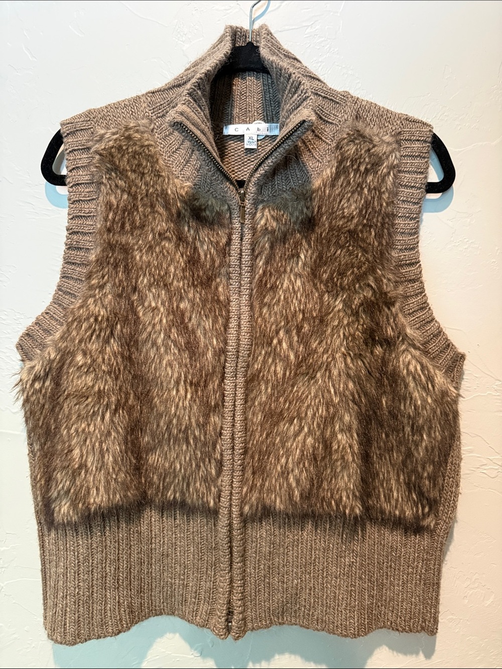 CAbi Brown Faux Fur Knit Zip-Up Vest